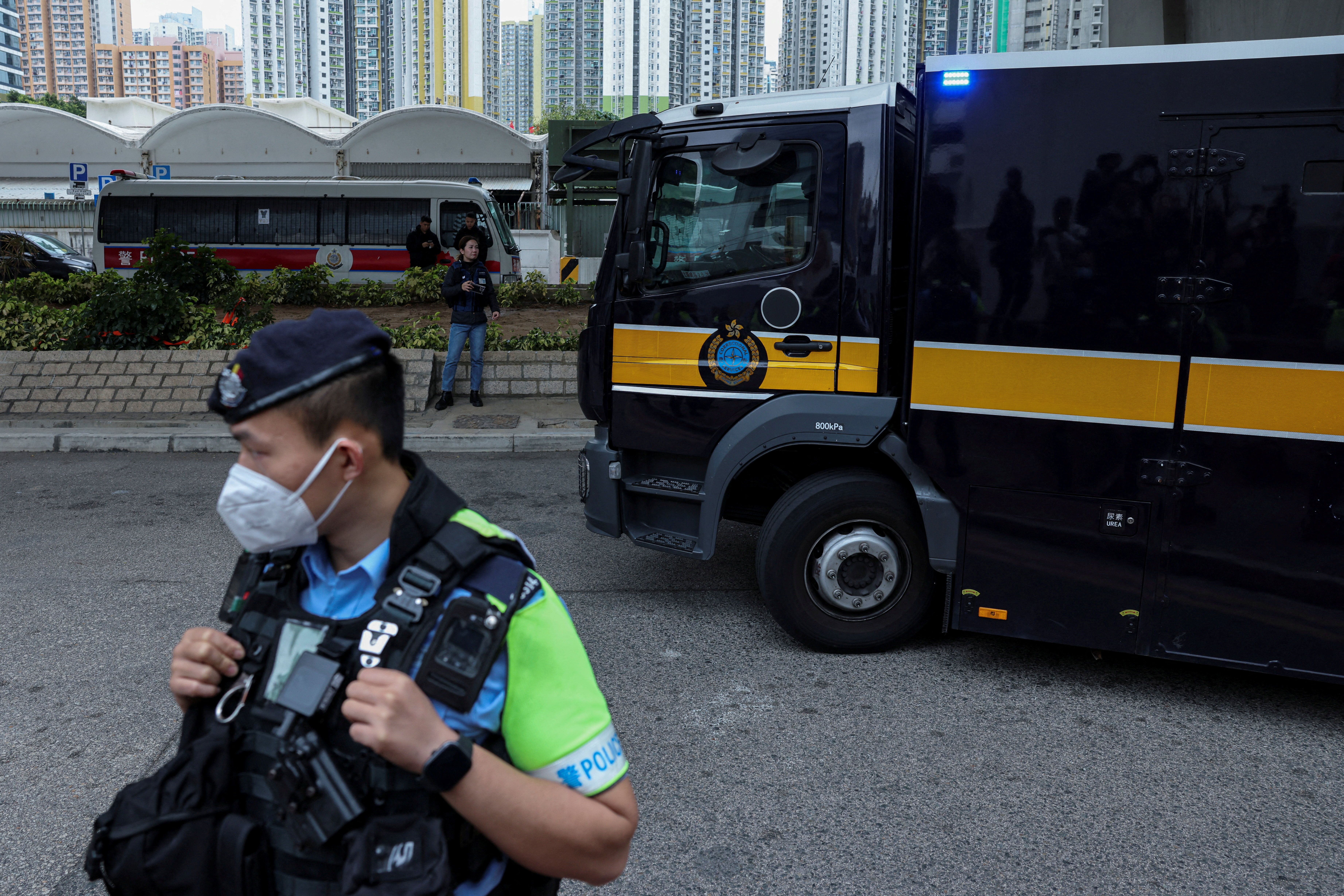 A prison van believed to be carrying Jimmy Lai.