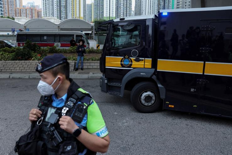 A prison van believed to be carrying Jimmy Lai.