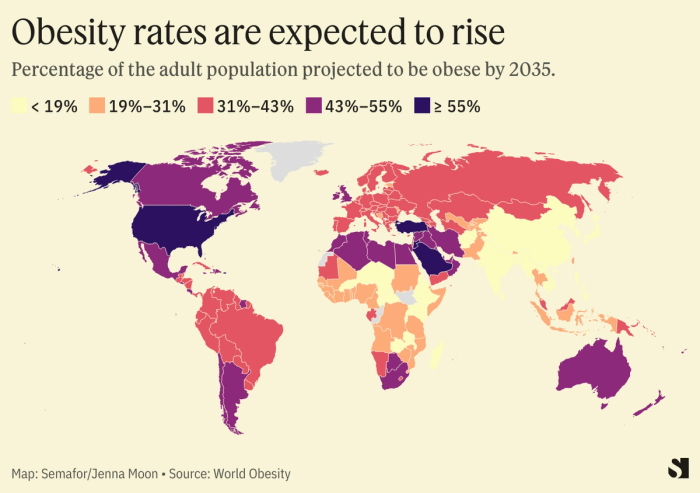 A heat map showing the expected obesity rates per country by 2035.