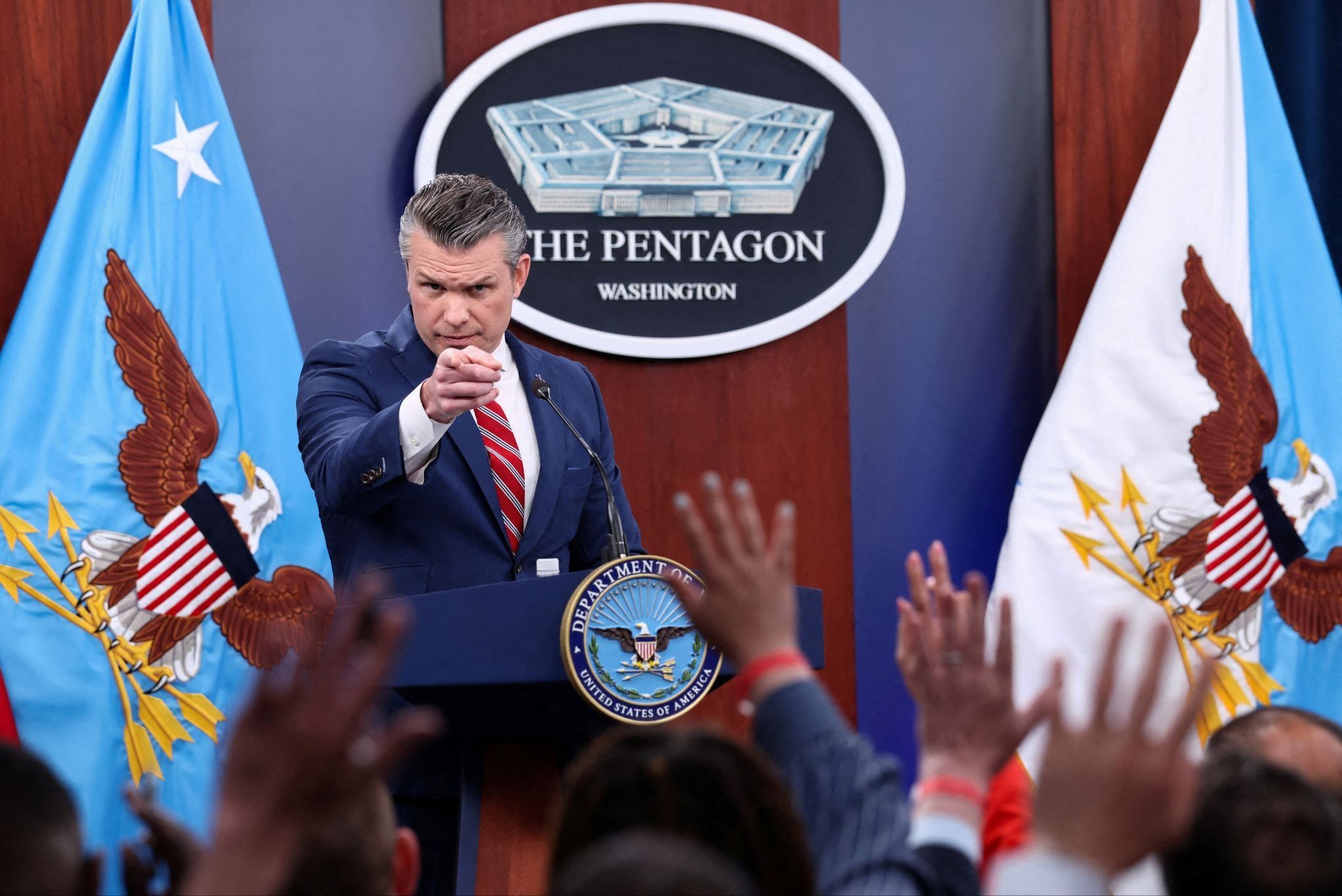 US Secretary of Defense Pete Hegseth holds a briefing on the Iran war. 