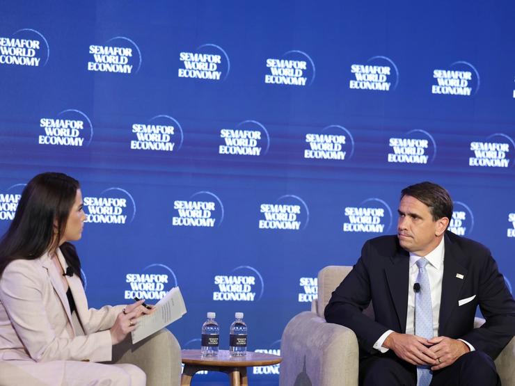 (L-R) Shelby Talcott (White House Correspondent - Semafor) and Todd Blanche (Acting United States Attorney General - U.S. Department of Justice) speak on stage during Semafor World Economy 2026 on April 15, 2026 in Washington, DC.