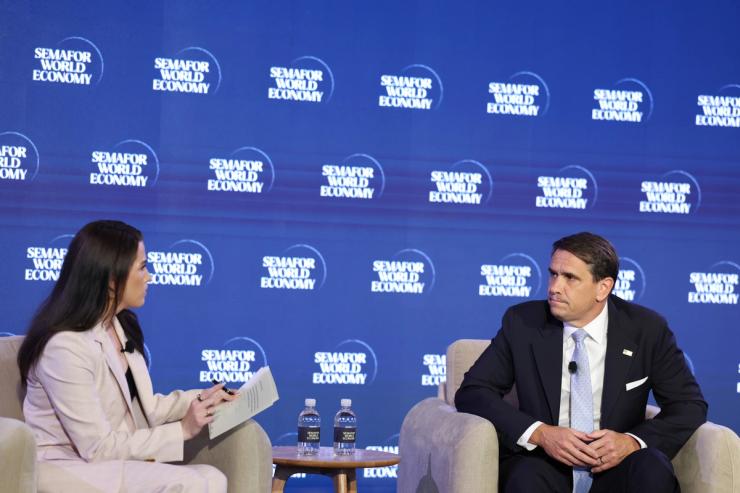 (L-R) Shelby Talcott (White House Correspondent - Semafor) and Todd Blanche (Acting United States Attorney General - U.S. Department of Justice) speak on stage during Semafor World Economy 2026 on April 15, 2026 in Washington, DC.
