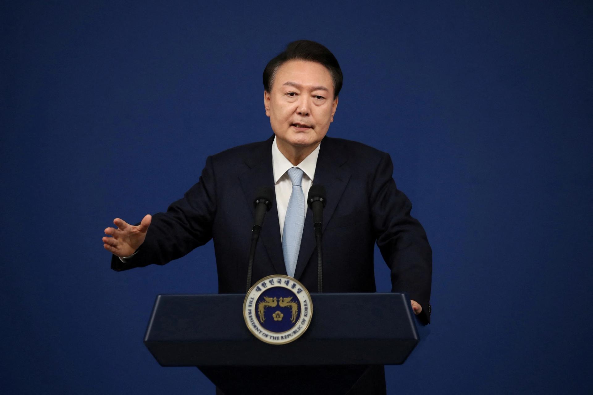 South Korean President Yoon Suk Yeol delivers a speech during his briefing on state affairs at a press conference in Seoul