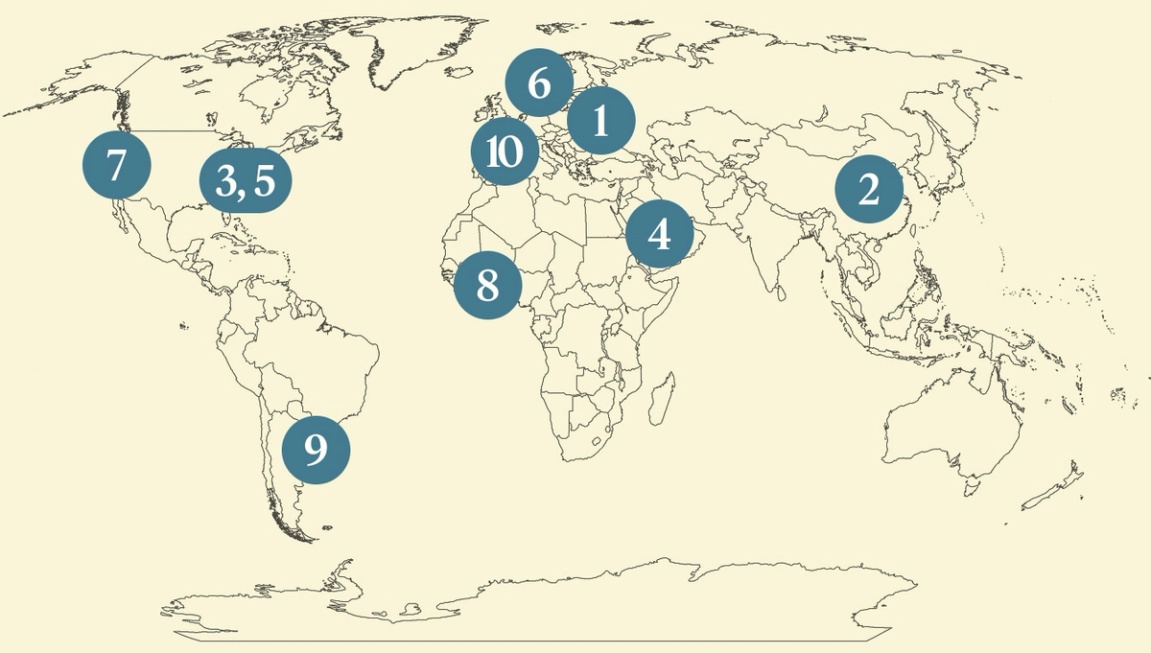 A numbered map of the world.