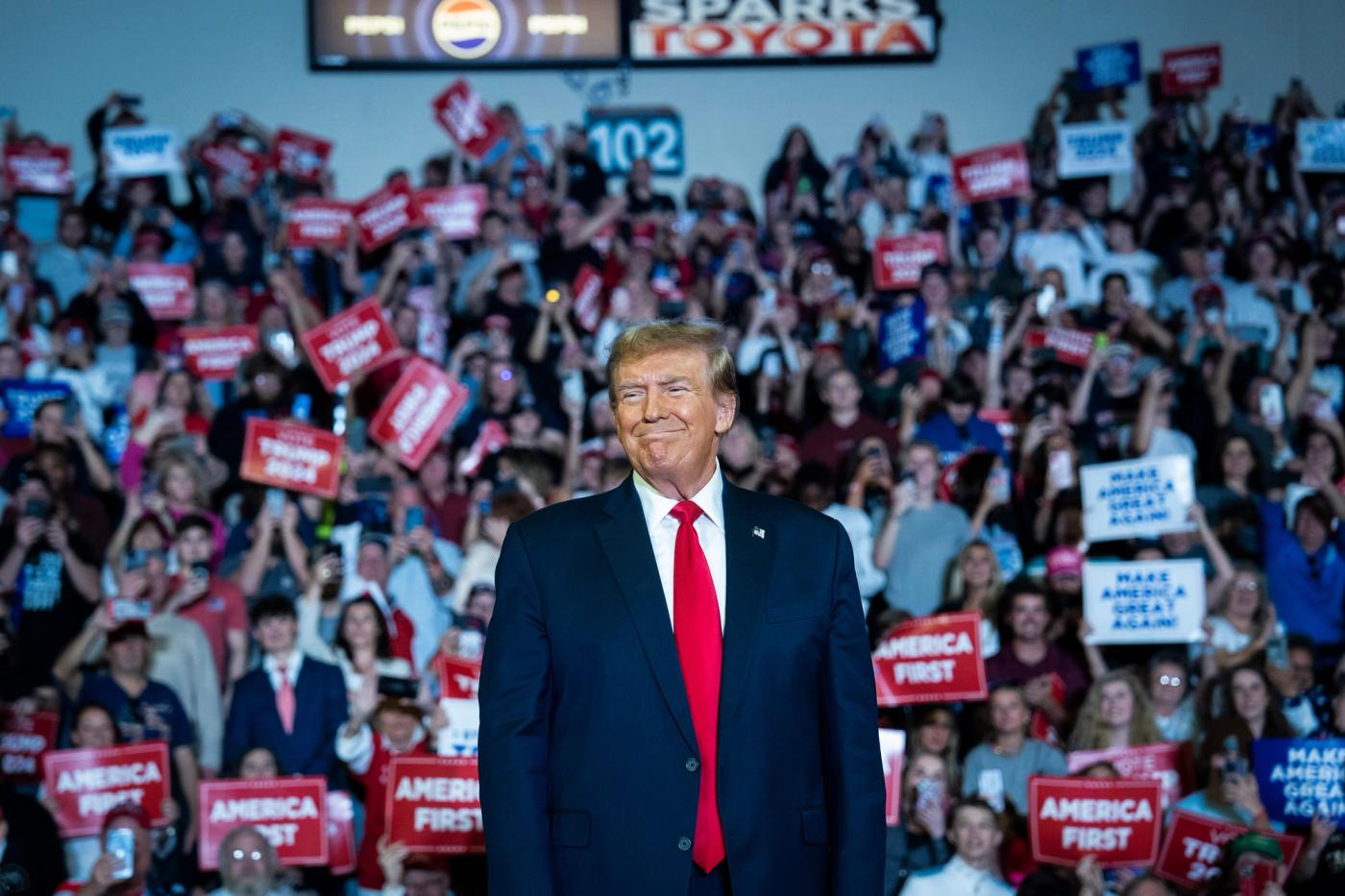 Republican presidential candidate and former President Donald Trump walks out to speak at a Get Out The Vote campaign rally held at Coastal Carolina University in Conway, S.C., on Feb. 10, 2024.