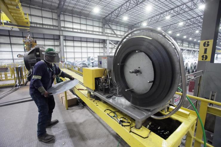 An employee works inside a Nucor steel factory in Blytheville, Arkansas, U.S., March 28, 2025.