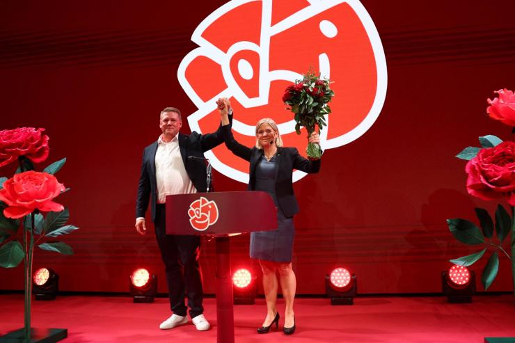 Leader of the opposition and the Swedish Social Democratic Party Magdalena Andersson and Party Secretary Tobias Baudin.