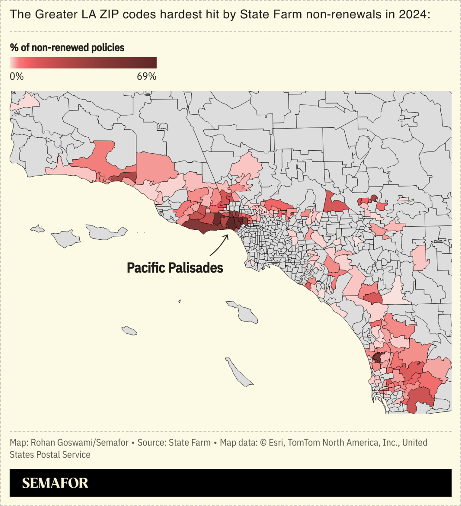 A map showing the areas in greater LA hardest hit by State Farm non-renewals in 2024, with a majority being in Pacific Palisades.