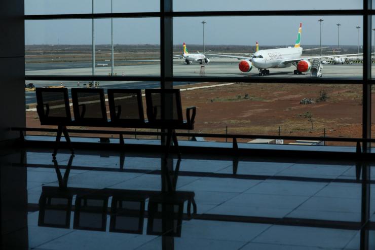 Air Senegal planes are parked at Blaise Diagne International Airport.