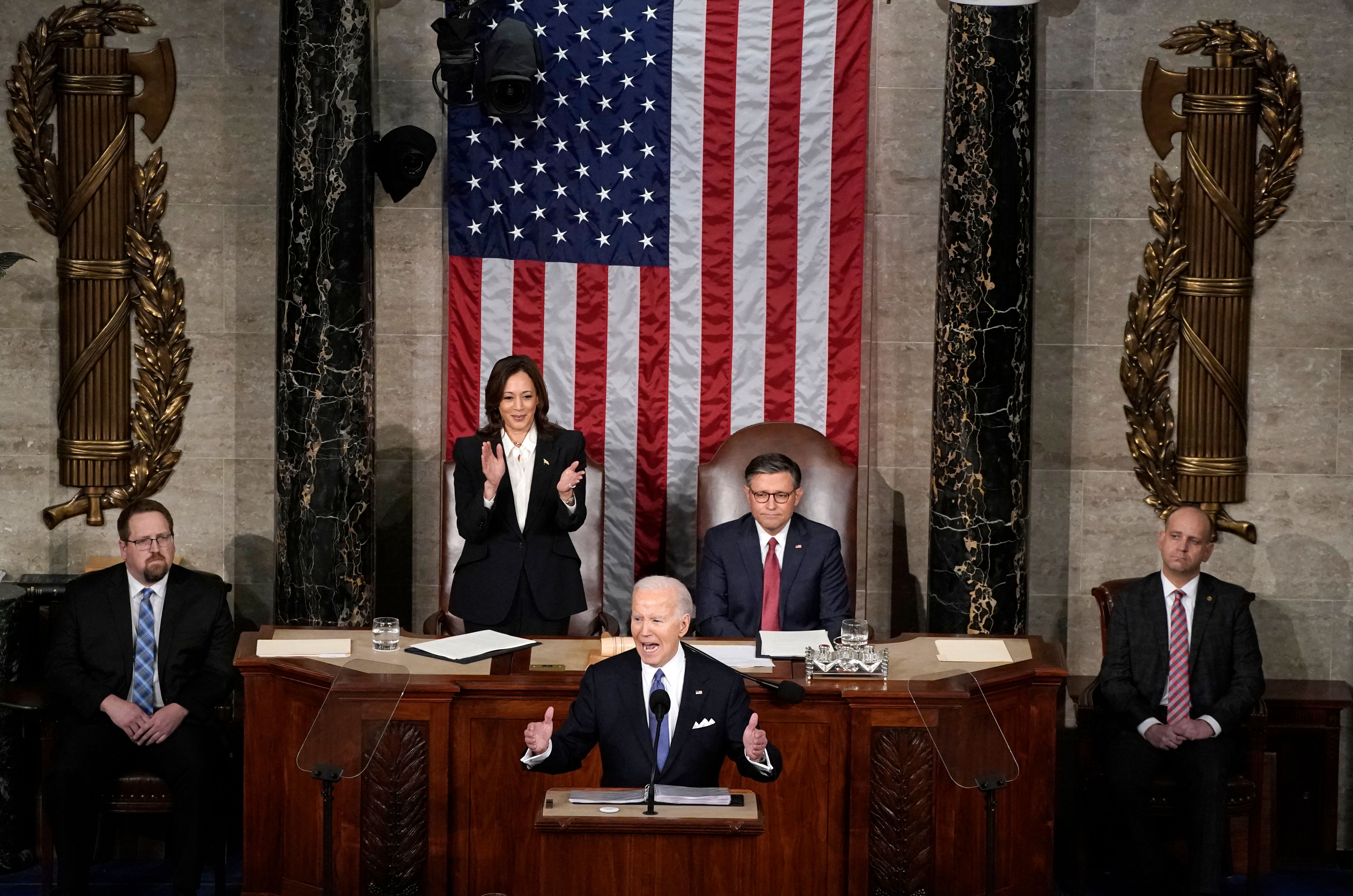 U.S. President Joe Biden delivers the State of the Union address to a joint session of Congress in the House Chamber of the U.S. Capitol in Washington, U.S., March 7, 2024. REUTERS/Elizabeth Frantz