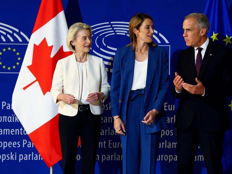 European Commission President Ursula von der Leyen, President of the European Parliament Roberta Metsola, and Canadian Prime Minister Mark Carney