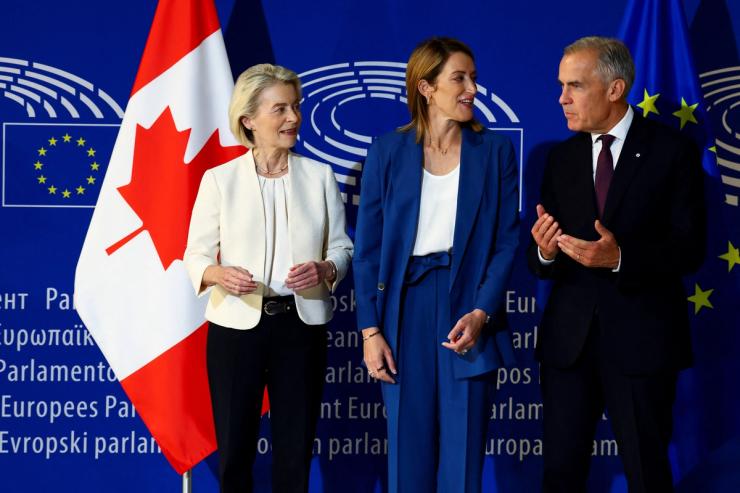 European Commission President Ursula von der Leyen, President of the European Parliament Roberta Metsola, and Canadian Prime Minister Mark Carney