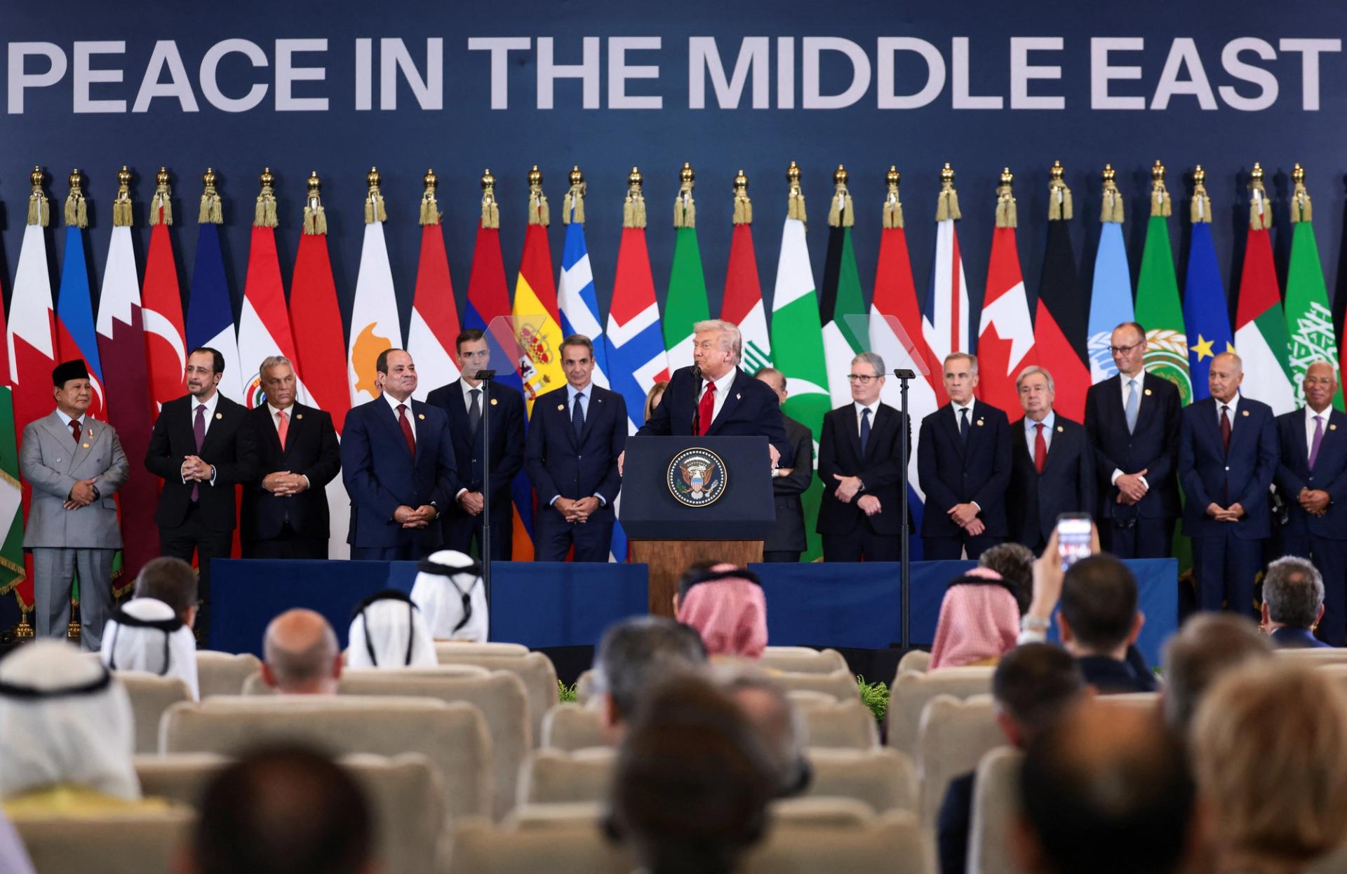 Donald Trump delivers remarks following the official signing of the first phase of the Gaza ceasefire agreement