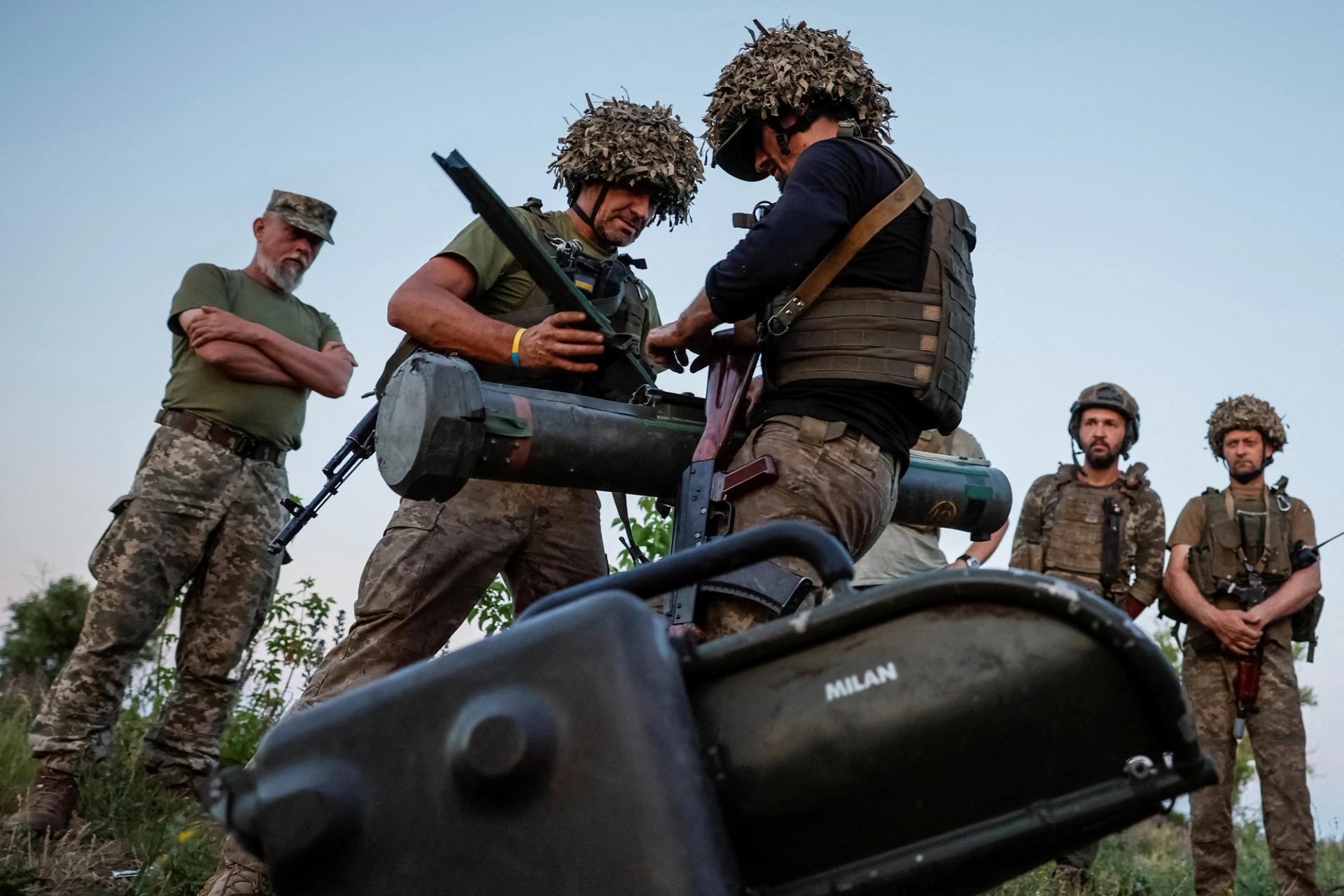 Ukrainian service members of the 33rd Separate Mechanised Brigade practice firing an anti-tank guided missile weapon system MILAN.