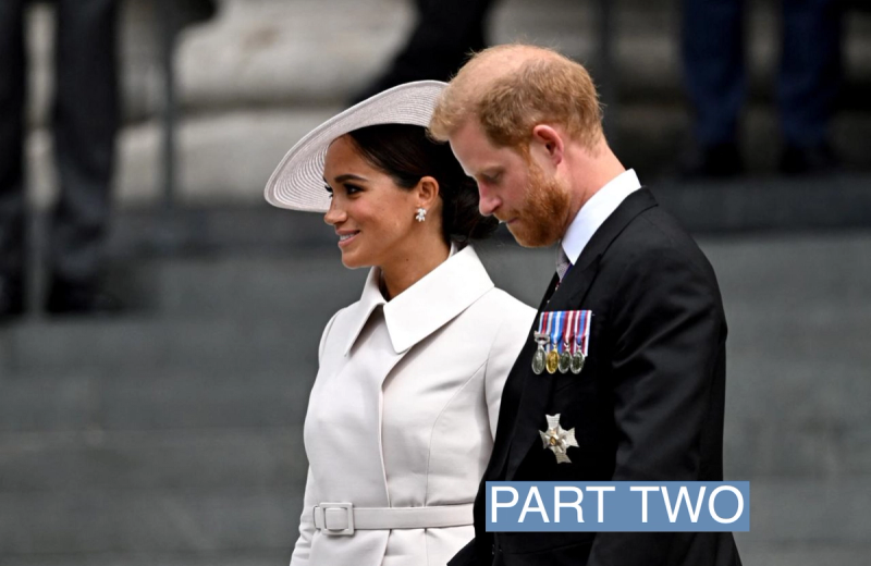 Britain's Prince Harry and his wife Meghan, Duchess of Sussex, leave after the National Service of Thanksgiving held at St Paul's Cathedral as part of celebrations marking the Platinum Jubilee of Britain's Queen Elizabeth, in London, Britain, June 3, 2022. 