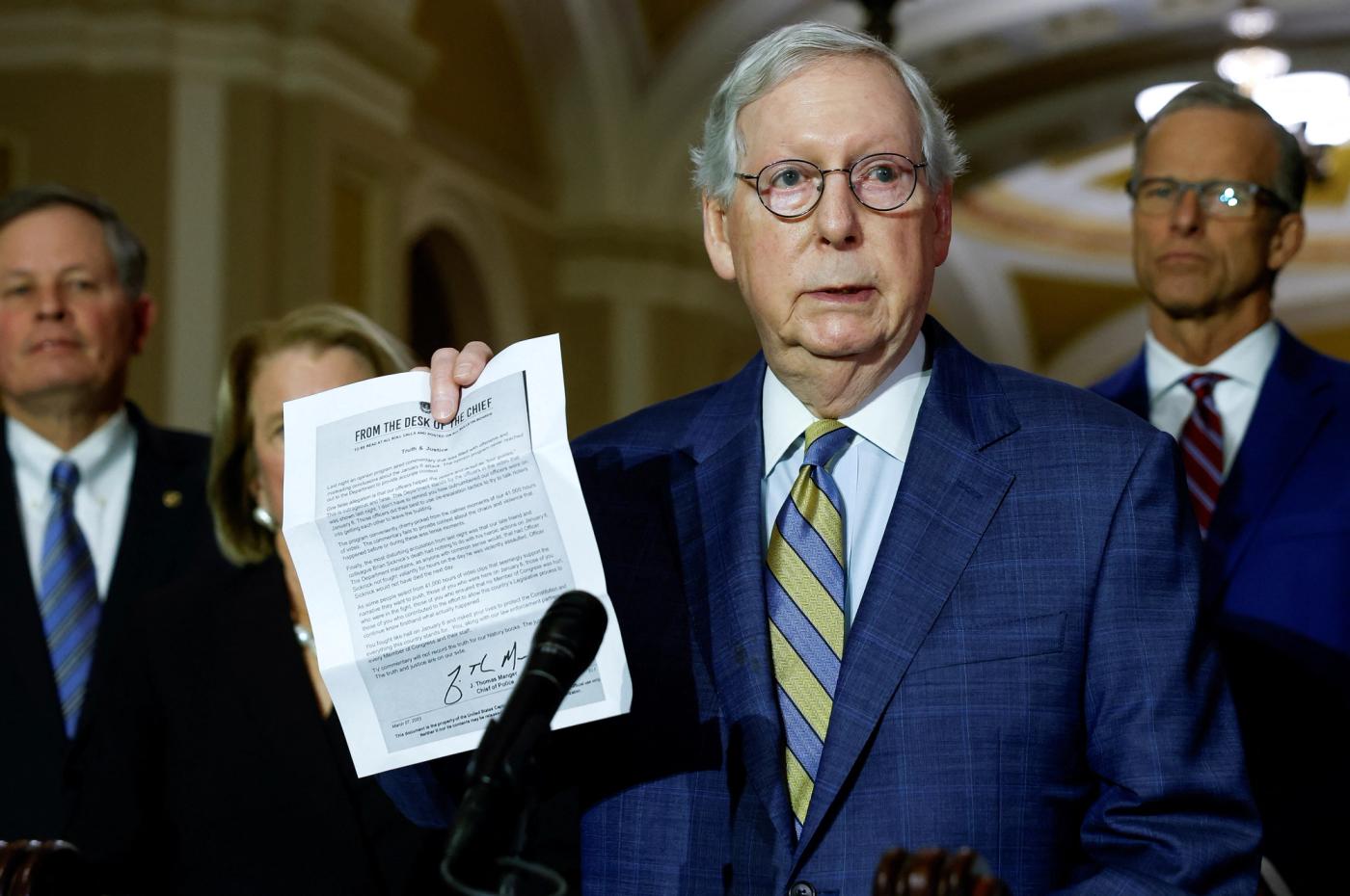 Senate Minority Leader Mitch McConnell states his support for the written opinion of the Chief of the U.S. Capitol Police denouncing the Fox News presentation of the events of January 6th.