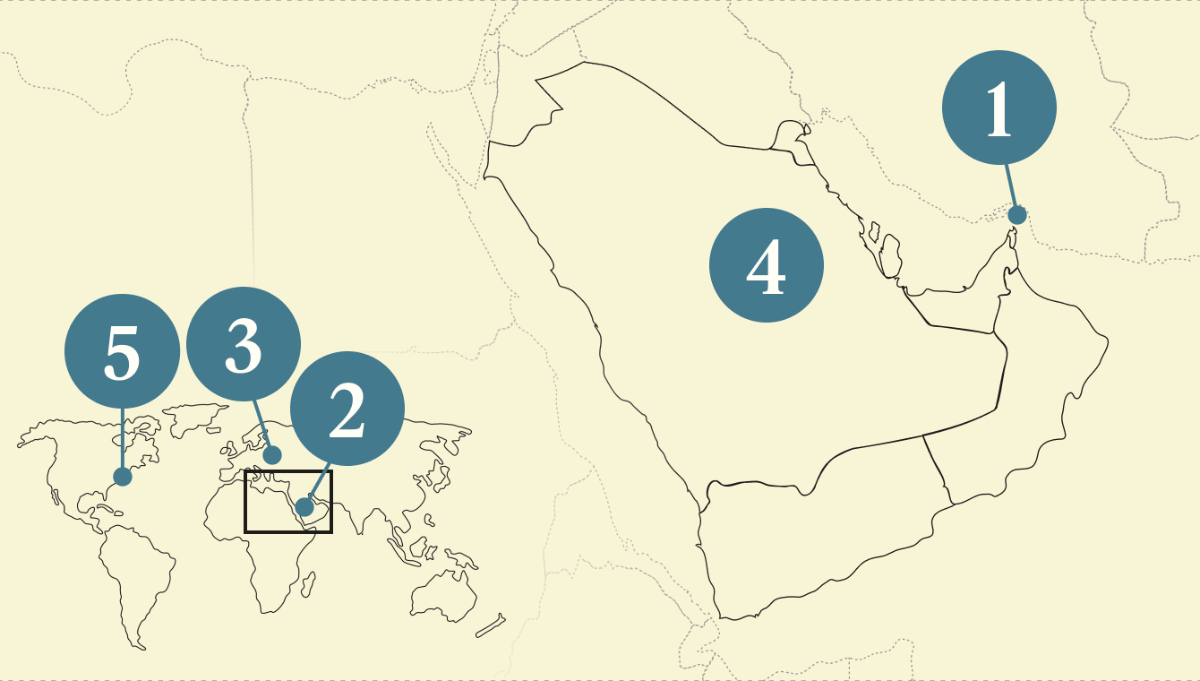 A numbered map of the Gulf region.