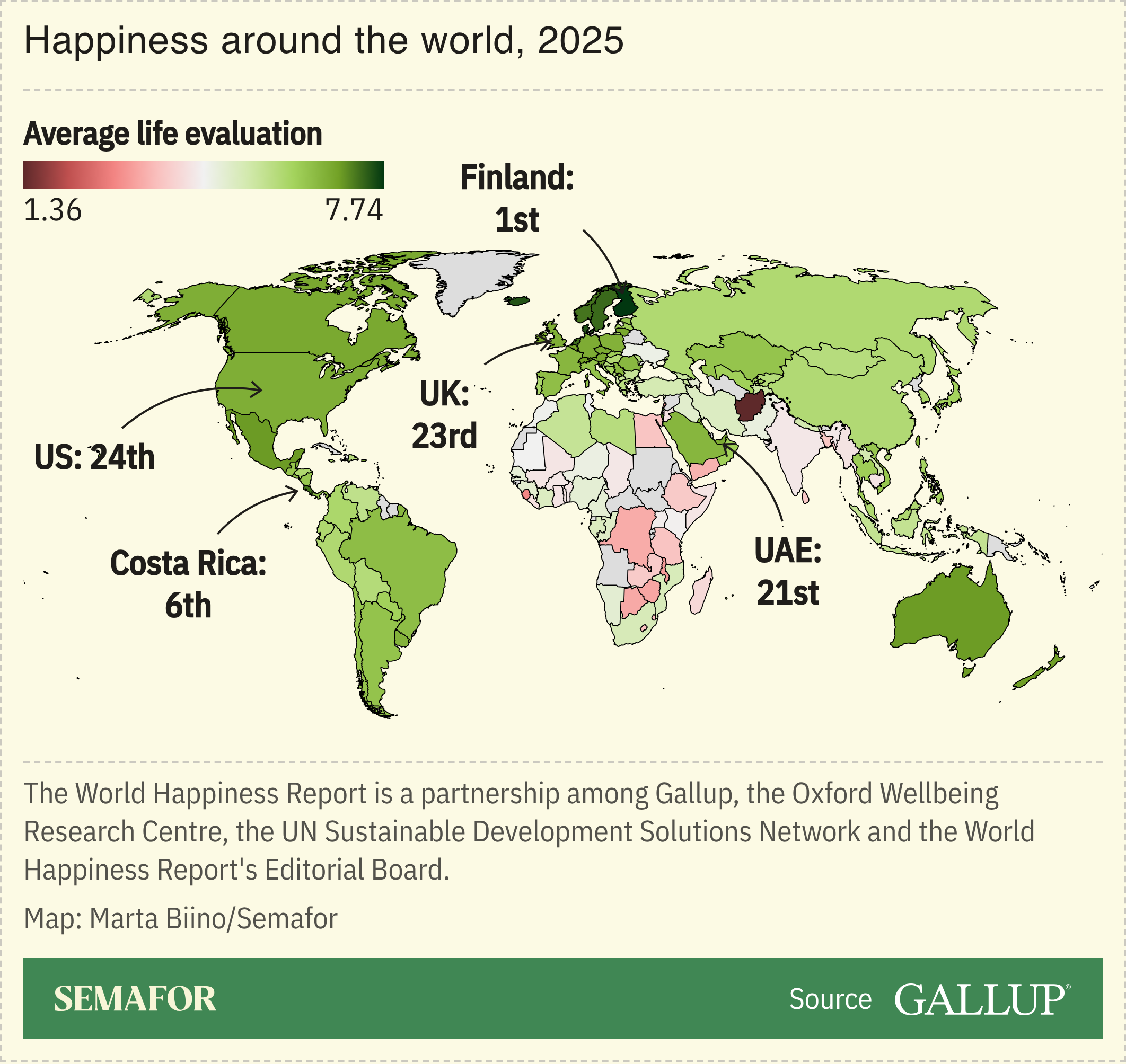 A map showing the world happiness report in 2025.