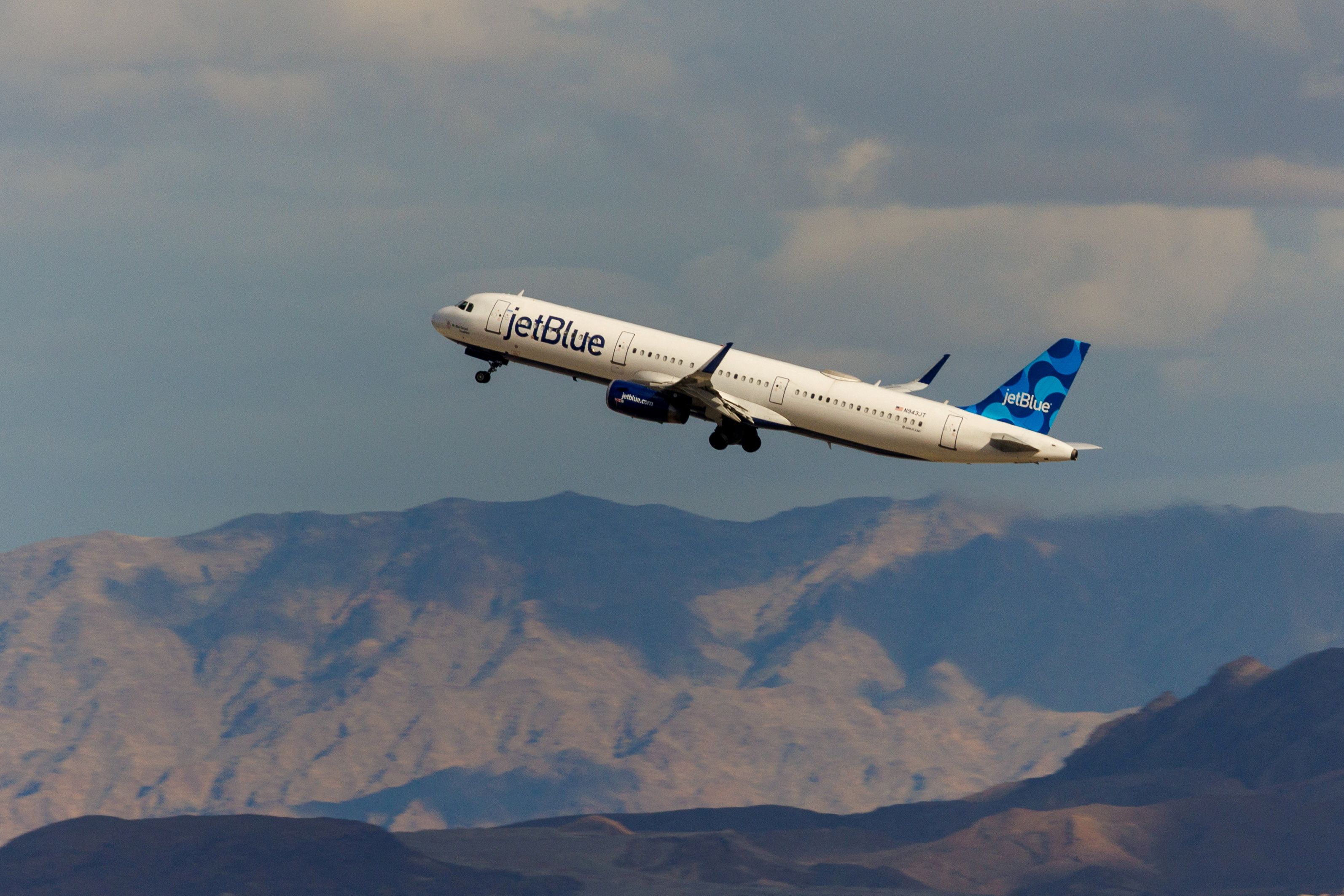 A Jetblue commercial airliner takes off form Las Vegas International Airport.