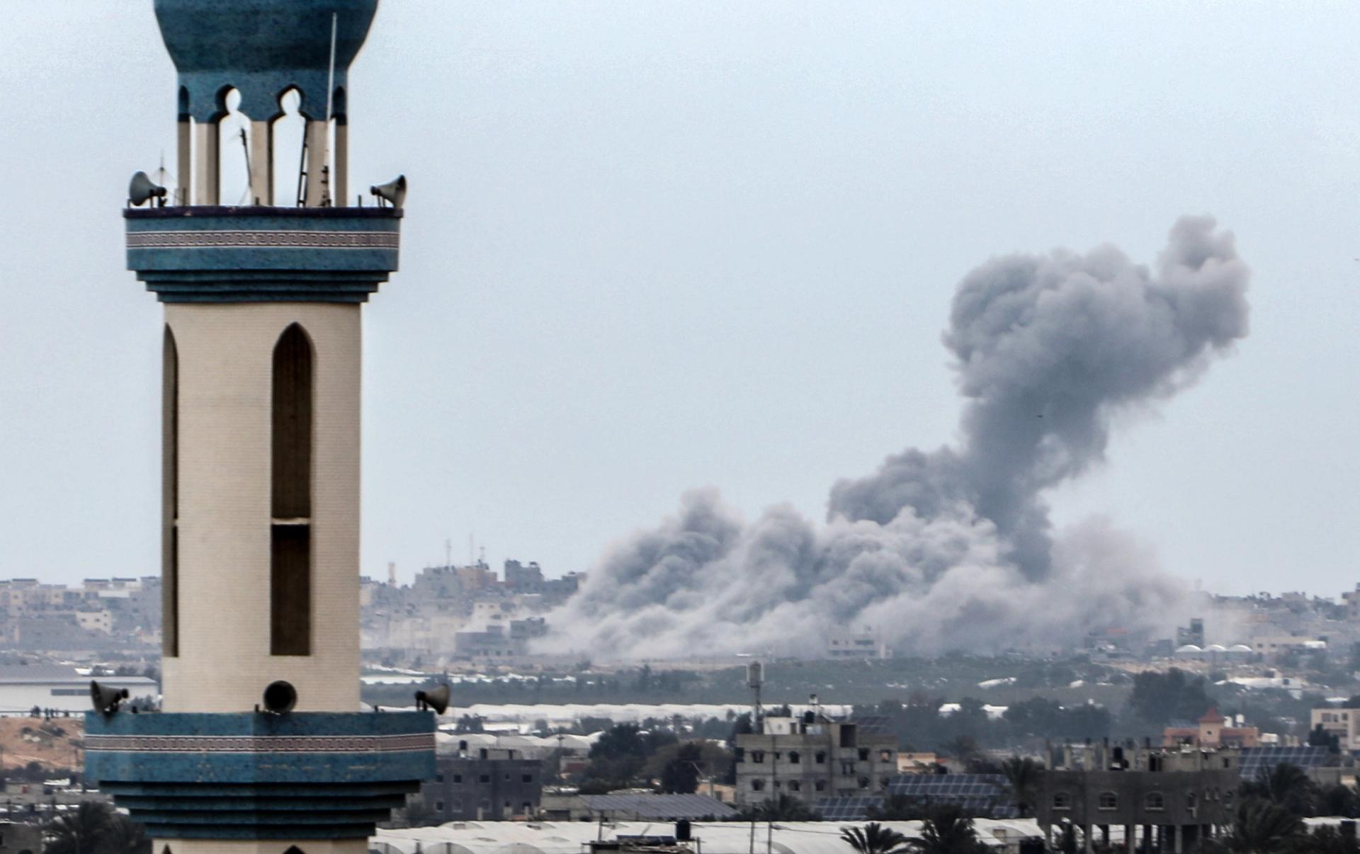 Smoke rises from Khan Yunis district as Israeli attacks continue in Rafah of Gaza on February 05, 2024.