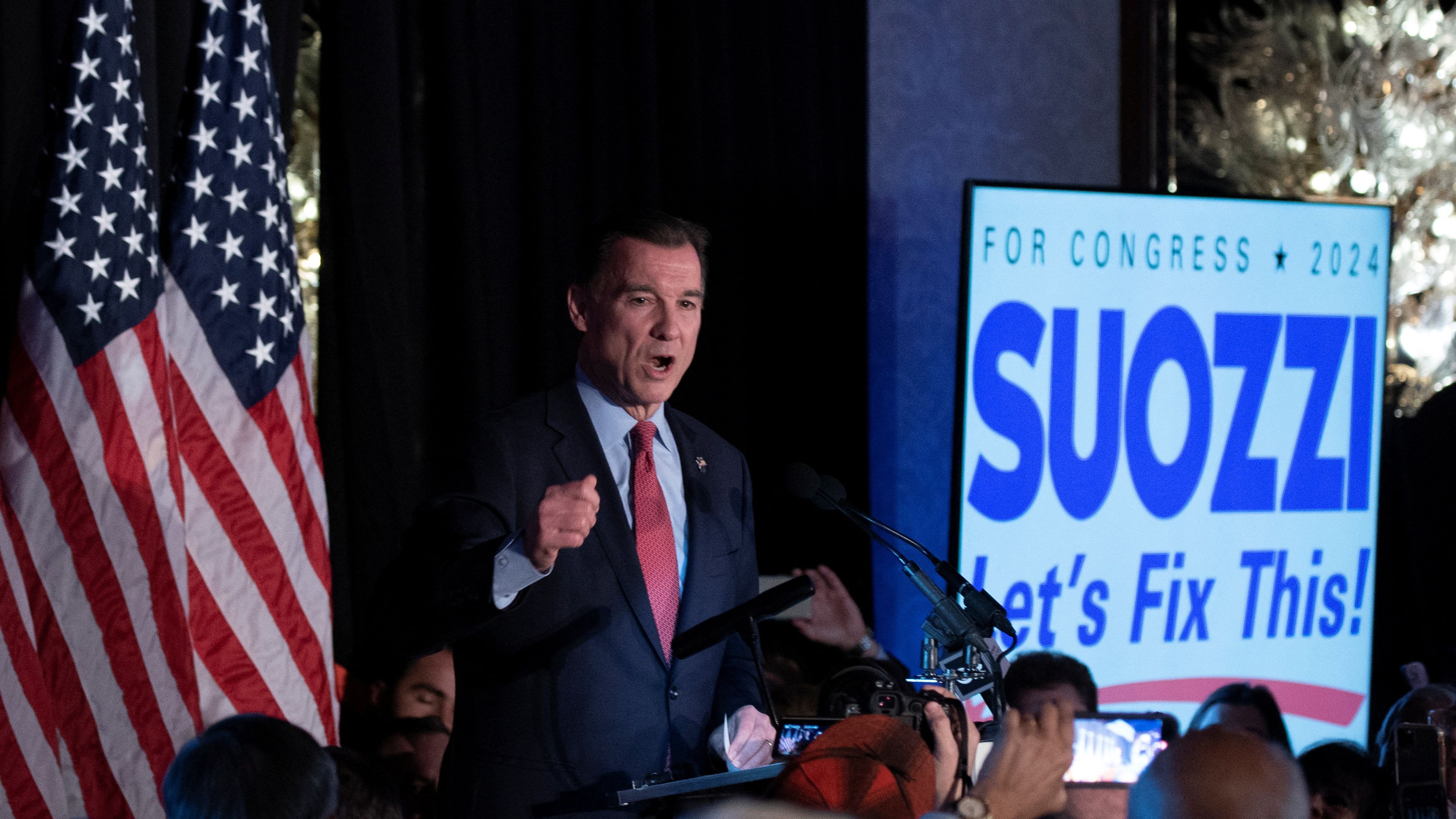 Democratic Rep.-elect for New York’s 3rd district, Tom Suozzi, delivers his victory speech at his election night party, in Woodbury, New York, on Feb. 13, 2024.