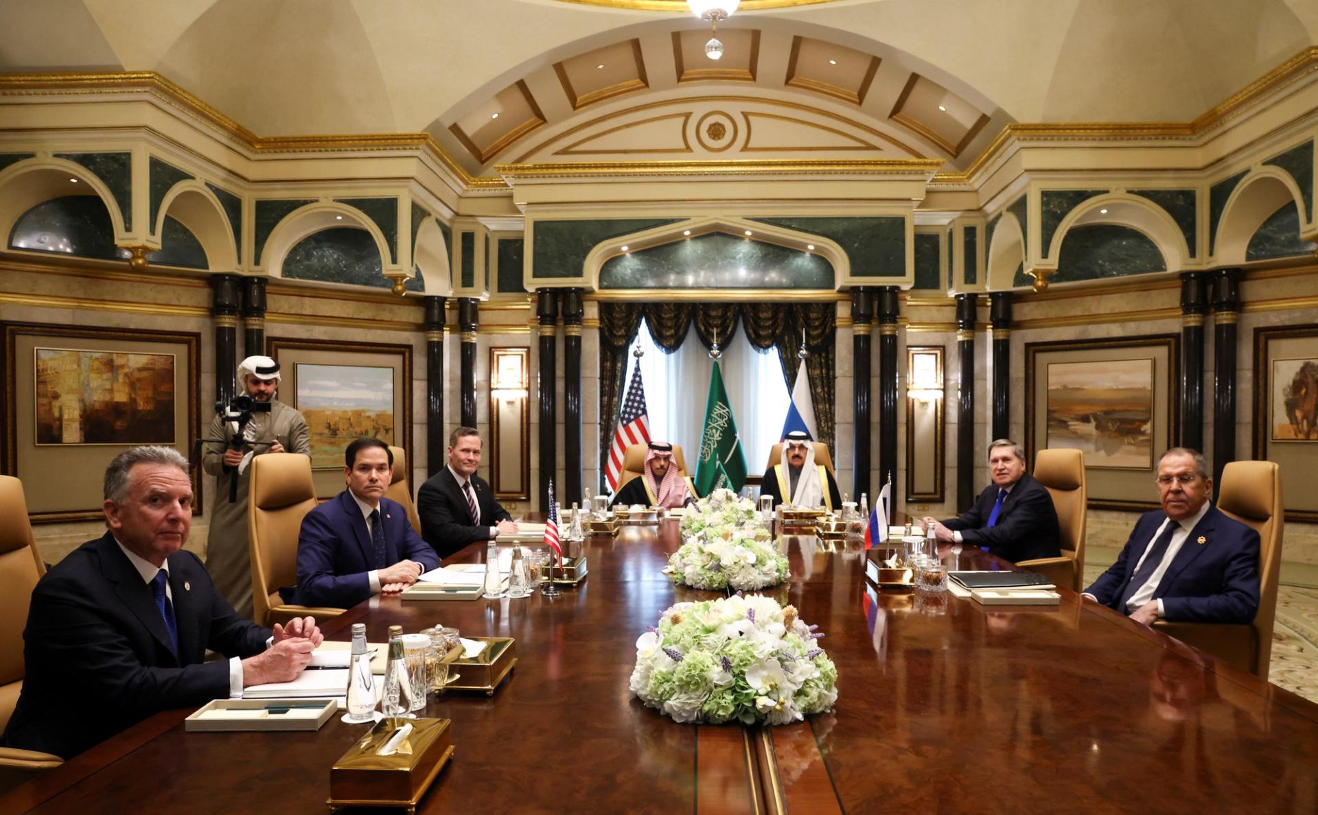 U.S. Secretary of State Marco Rubio meets with Saudi Foreign Minister Prince Faisal bin Farhan Al Saud, Saudi National Security Advisor Mosaad bin Mohammad Al-Aiban, U.S. National Security Advisor Mike Waltz, U.S. Middle East envoy Steve Witkoff, Russian Foreign Minister Sergei Lavrov and Russian President Vladimir Putin’s foreign policy advisor Yuri Ushakov, at Diriyah Palace, in Riyadh, Saudi Arabia, February 18, 2025. 