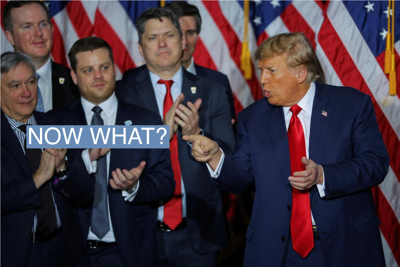 Republican presidential candidate and former U.S. President Donald Trump speaks during his caucus night watch party in Des Moines, Iowa, on Jan. 15.