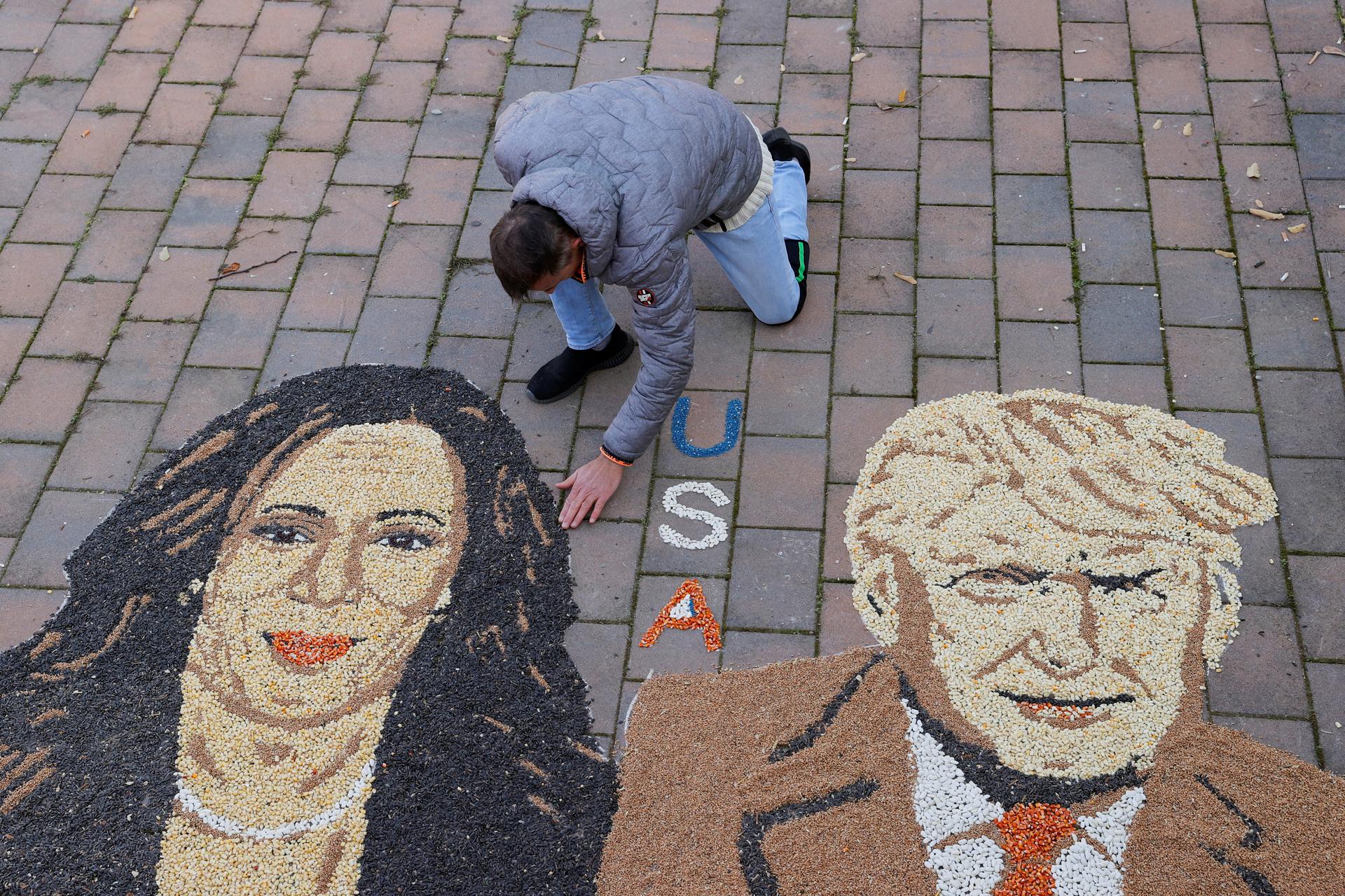 A mosaic of Kamala Harris and Donald Trump in Kosovo.