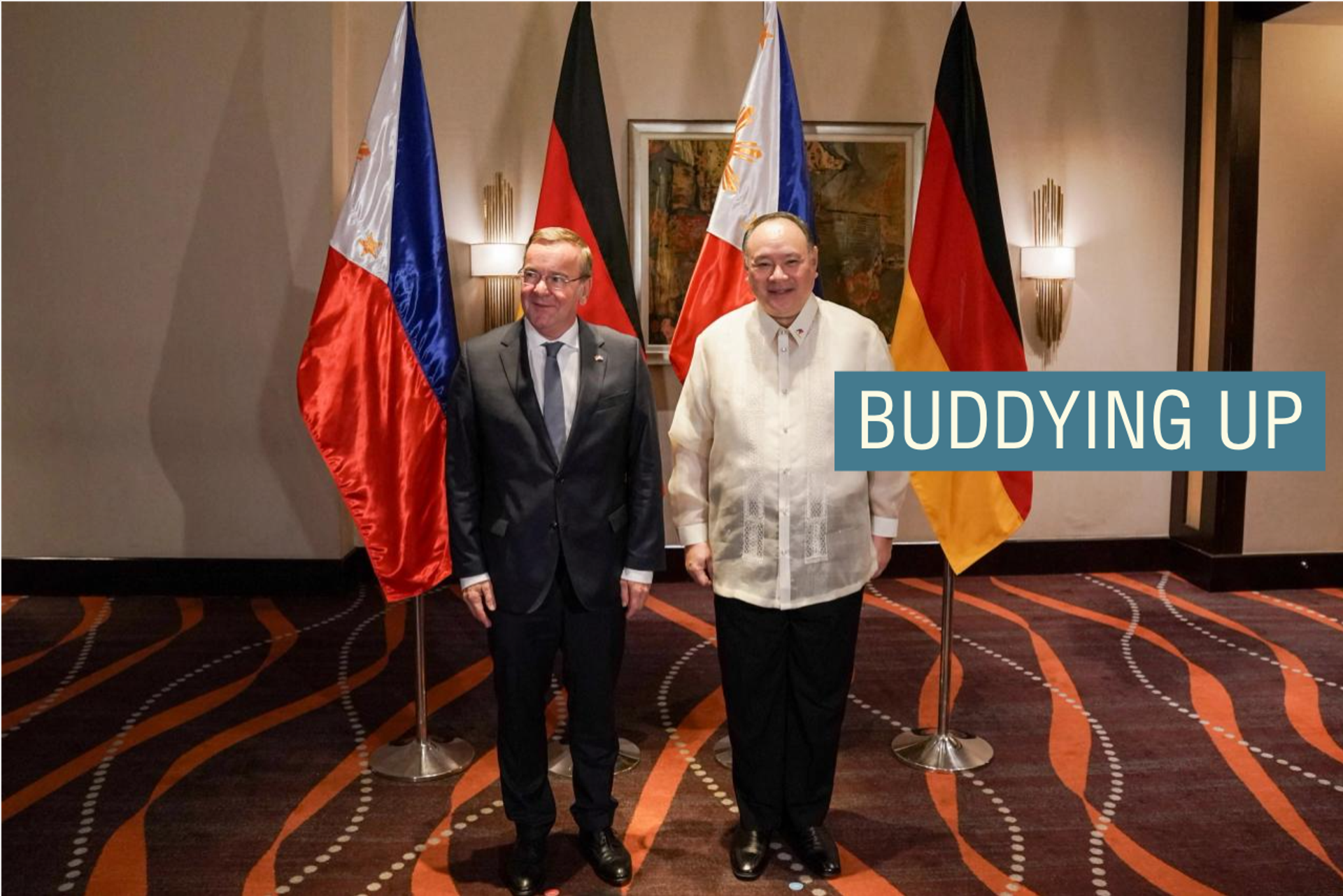 German Defence Minister Boris Pistorius and Philippine Defence Minister Gilberto Teodoro pose for a photo before their bilateral meeting, in Makati, Metro Manila