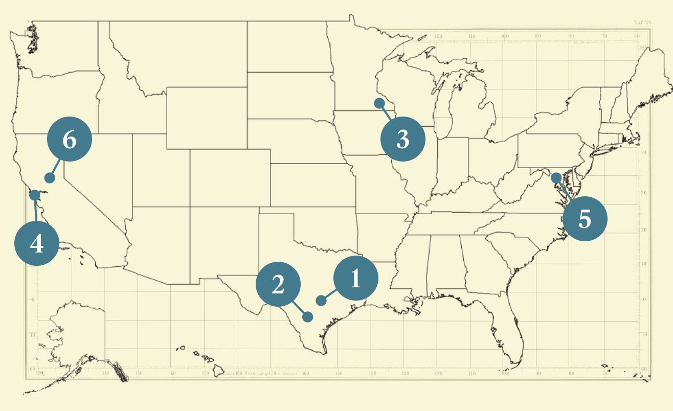 A numbered map of the US.