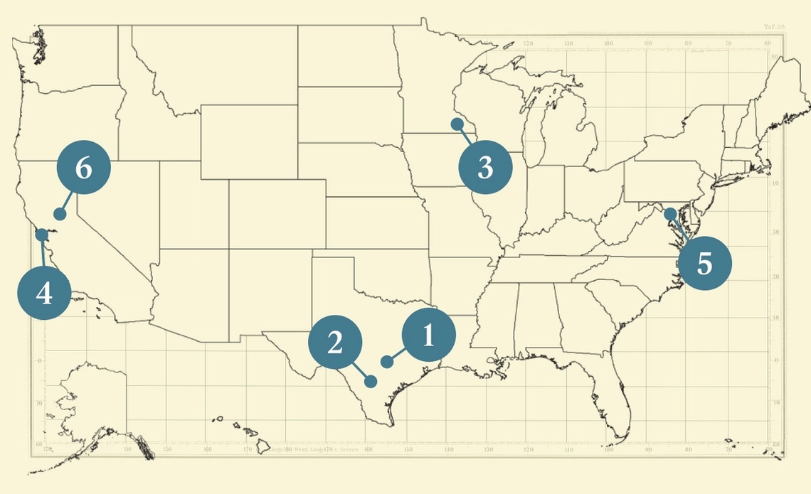 A numbered map of the US.