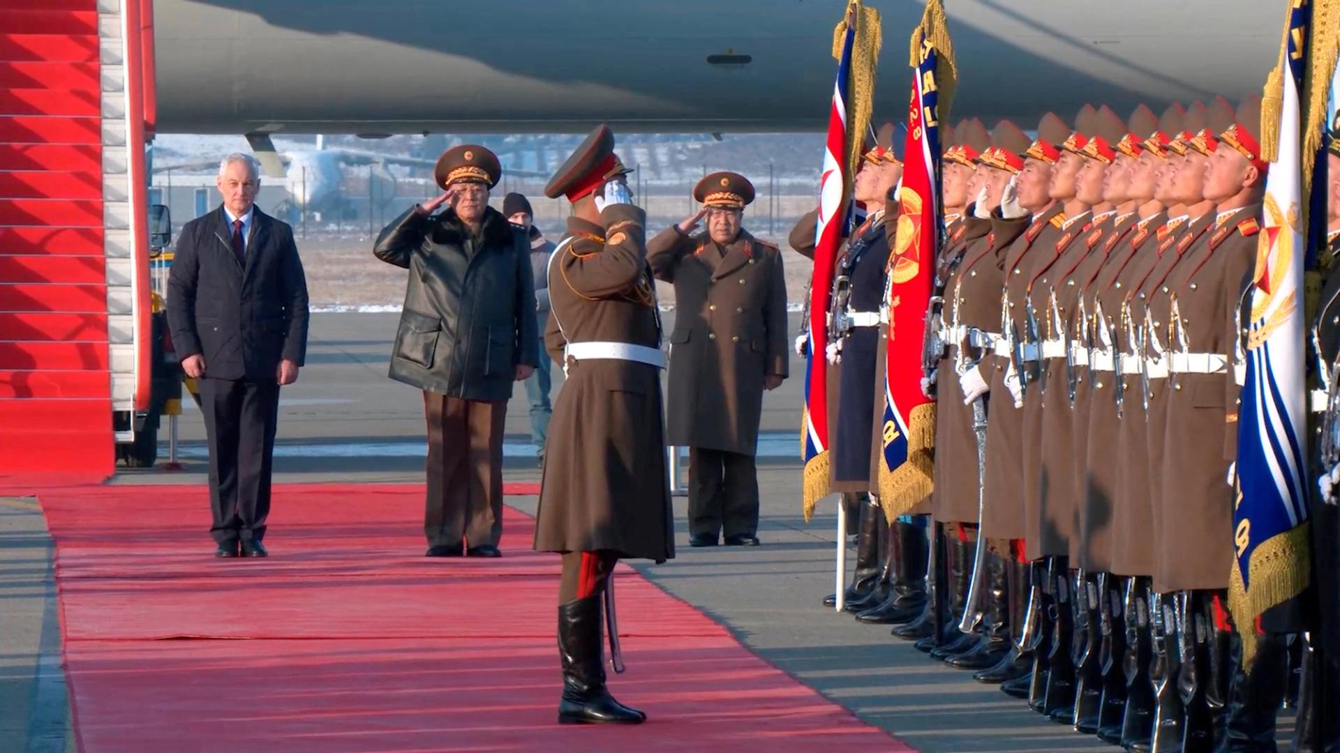 Russia’s defence minister is welcomed to North Korea at a ceremony in Pyongyang