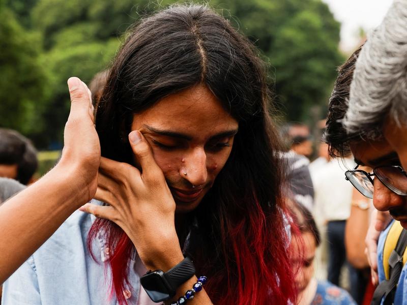 A member of the lesbian, gay, bisexual and transgender (LGBT) community reacts on the day of the verdict on same-sex marriage by the Supreme Court in New Delhi, India, October 17, 2023. REUTERS/Anushree Fadnavis