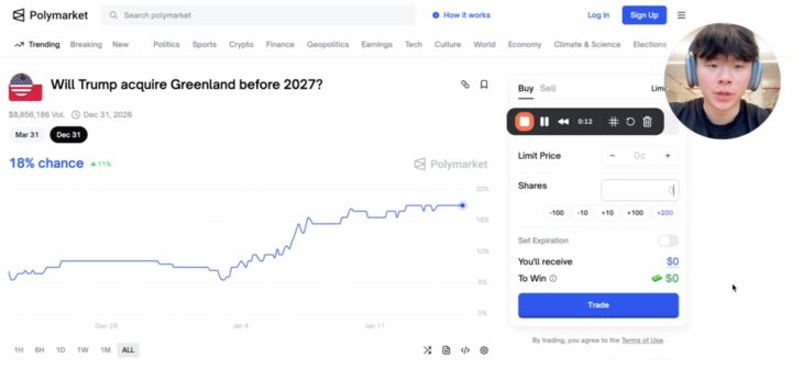 A screenshot of a Polymarket video made by a creator.