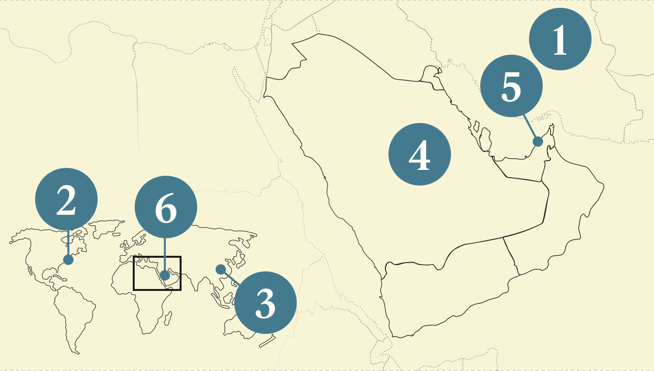 A numbered map of the Gulf region.
