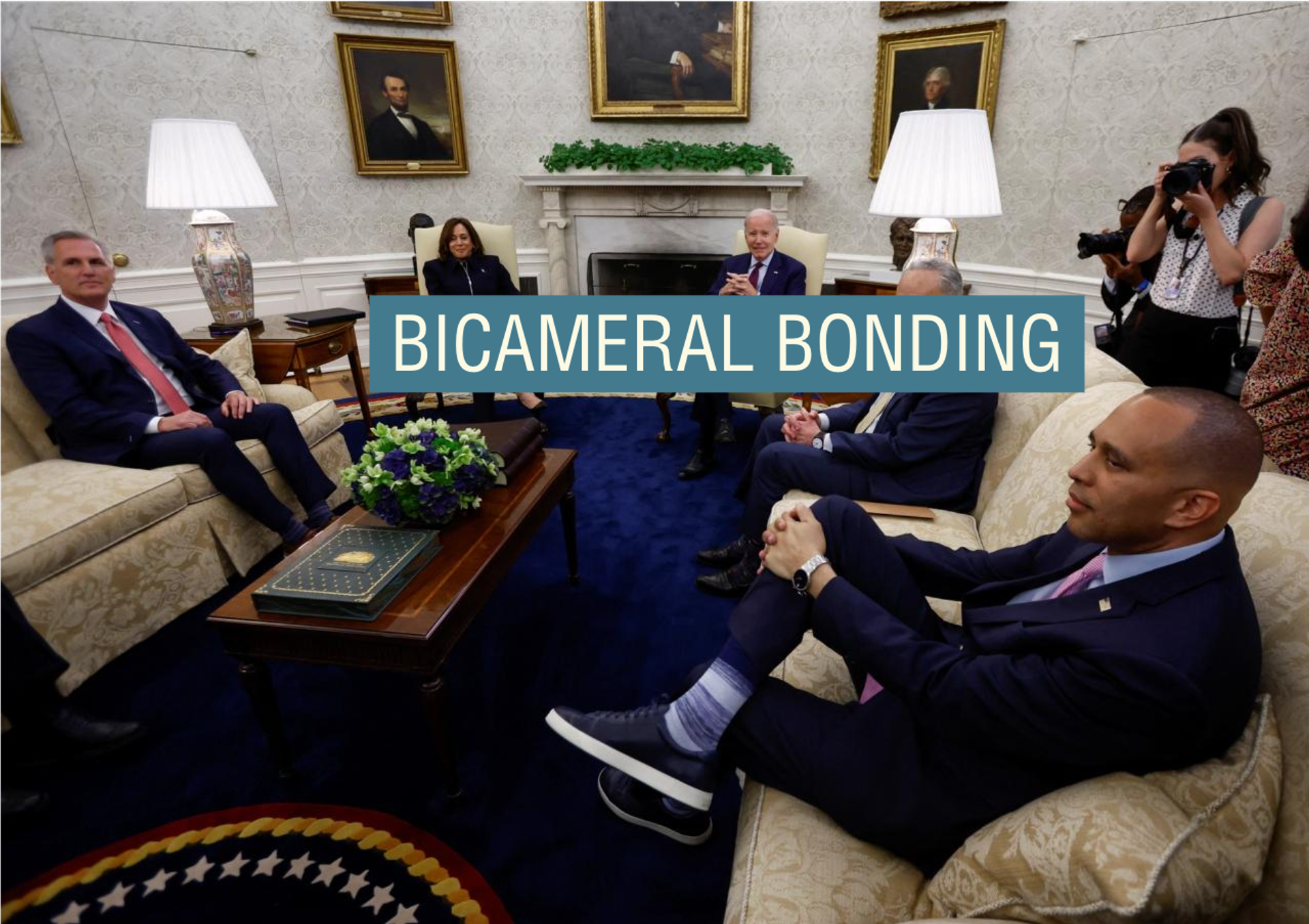 President Joe Biden hosts 2023 debt limit talks with then-Speaker Kevin McCarthy (R-CA), Vice President Kamala Harris, Senate Majority Leader Chuck Schumer (D-NY), and House Democratic Leader Hakeem Jeffries (D-NY).