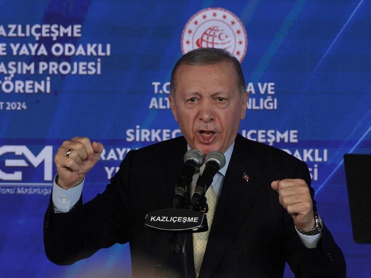Turkish President Tayyip Erdogan speaks during an opening ceremony for a rail project in Istanbul.