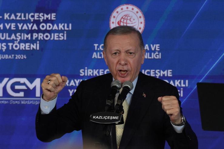 Turkish President Tayyip Erdogan speaks during an opening ceremony for a rail project in Istanbul.