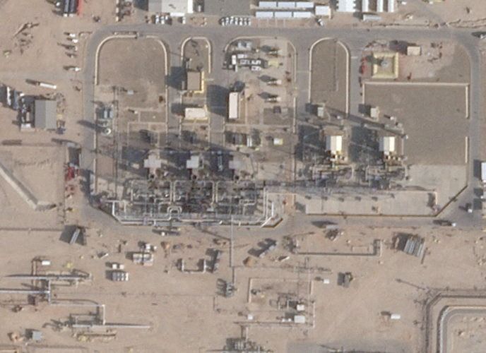 A satellite image shows damage at a Saudi oil facility serving the East-West pipeline in the Riyadh region, Saudi Arabia, Sept. 16, 2026.