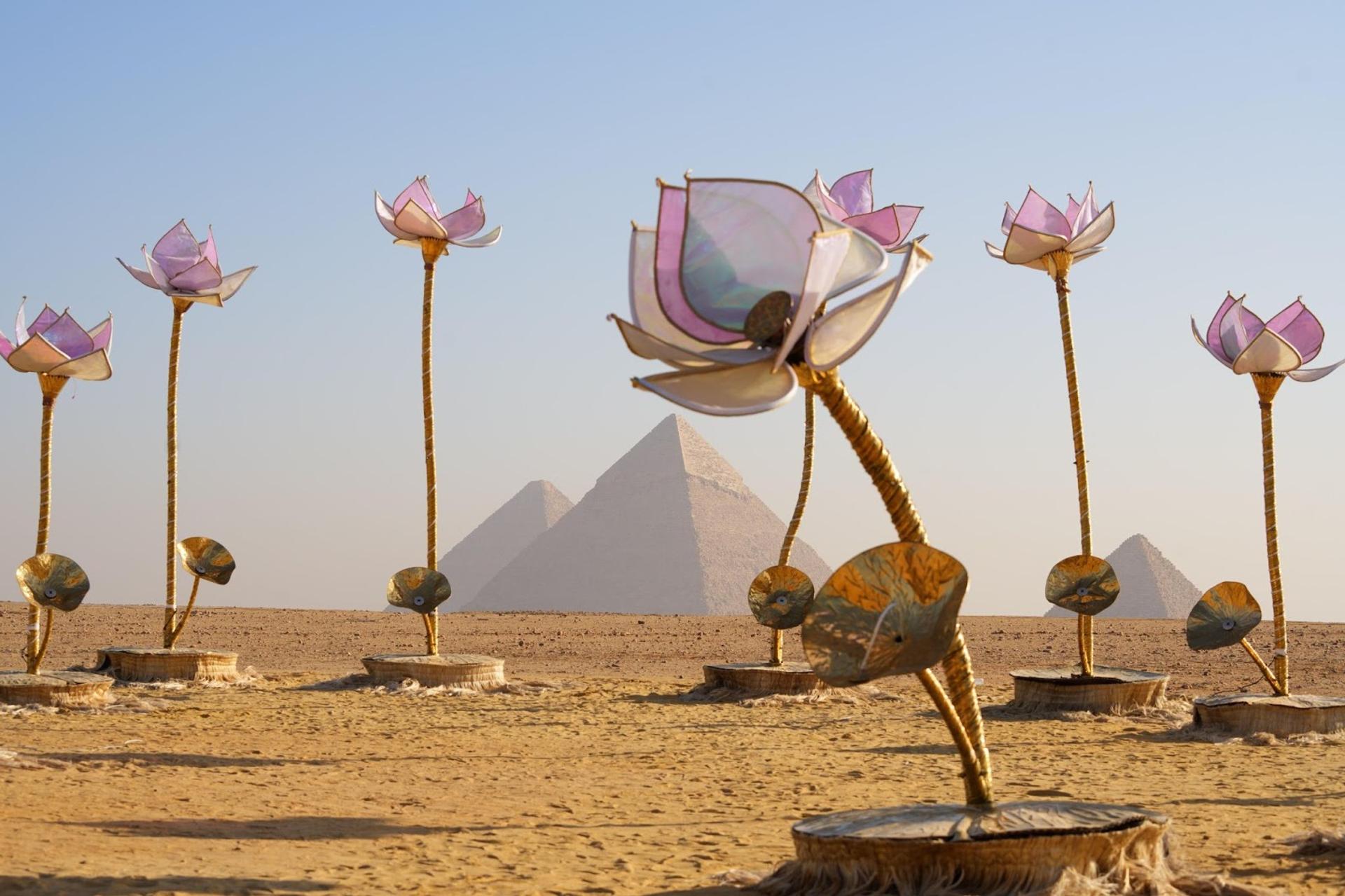 Shilo Shiv Suleman, Padma/Lotus. Huge lotus flower sculptures made of brass and silk in front of pyramids. 