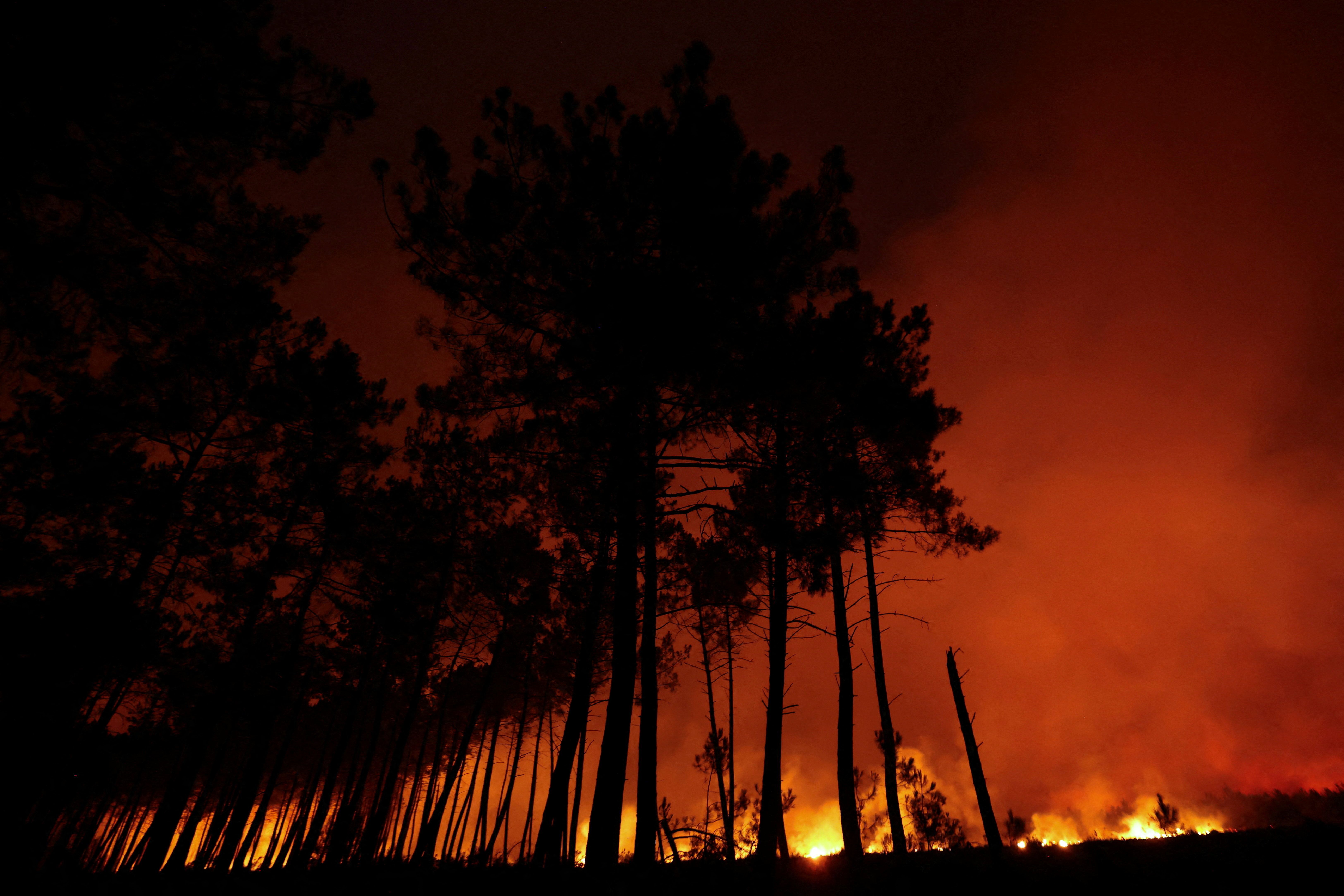 Smoke rises as flames burn during a wildfire at Ares, Gironde