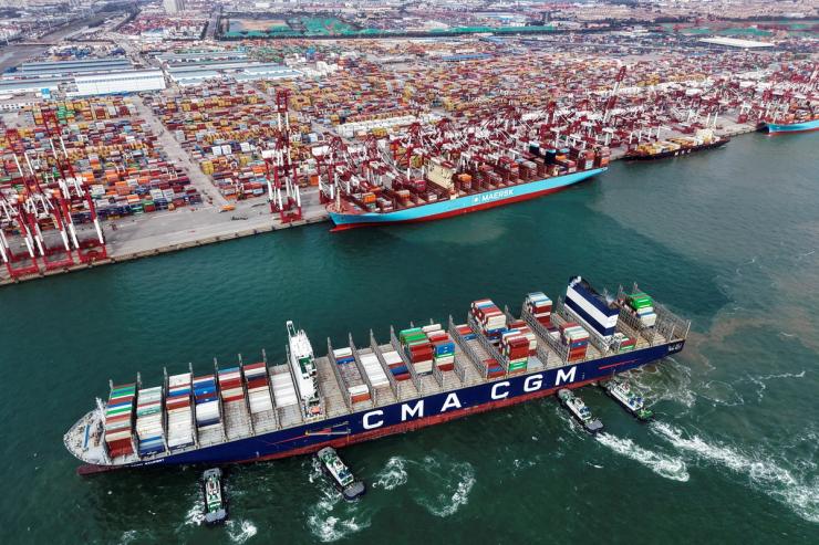 A drone view shows ships and containers at the port in Qingdao, Shandong province, China.