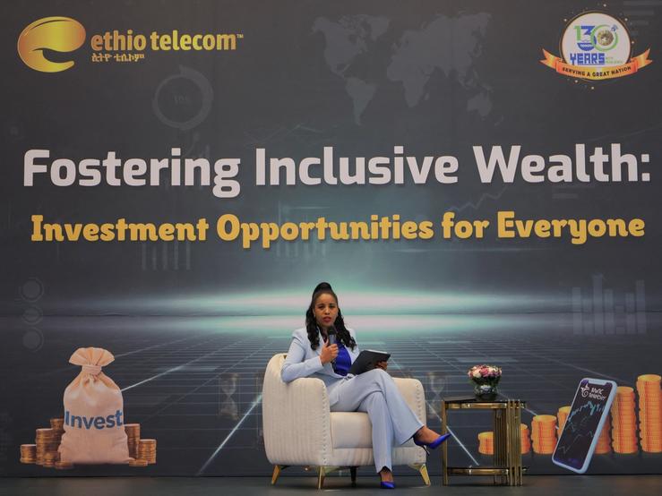 Ethio Telecom Chief Executive Officer Frehiwot Tamiru addresses the media during the six-months share sale amount announcement in Addis Ababa on April 25, 2025.