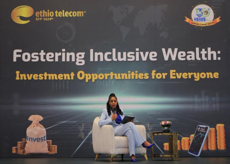 Ethio Telecom Chief Executive Officer Frehiwot Tamiru addresses the media during the six-months share sale amount announcement in Addis Ababa on April 25, 2025.