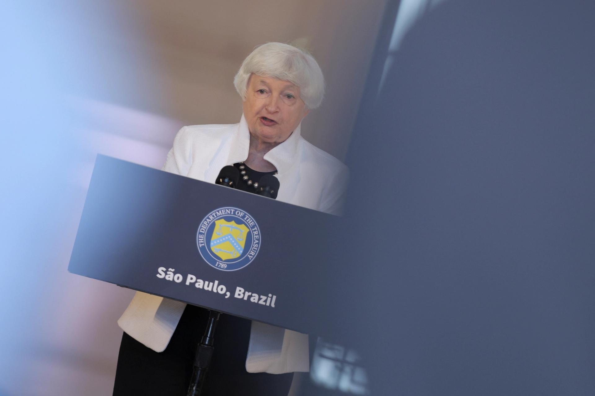 U.S. Treasury Secretary Janet Yellen speaks during a press conference to highlight her key priorities for the G20 Finance Ministers and Central Bank Governors meetings, in Sao Paulo, Brazil, February 27, 2024.