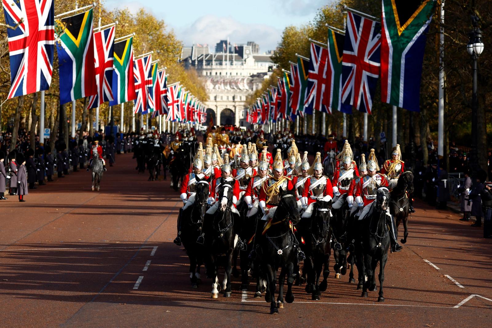 The King's Troop Royal Horse Artillery takes part in a procession during a state visit by South African President Cyril Ramaphos.