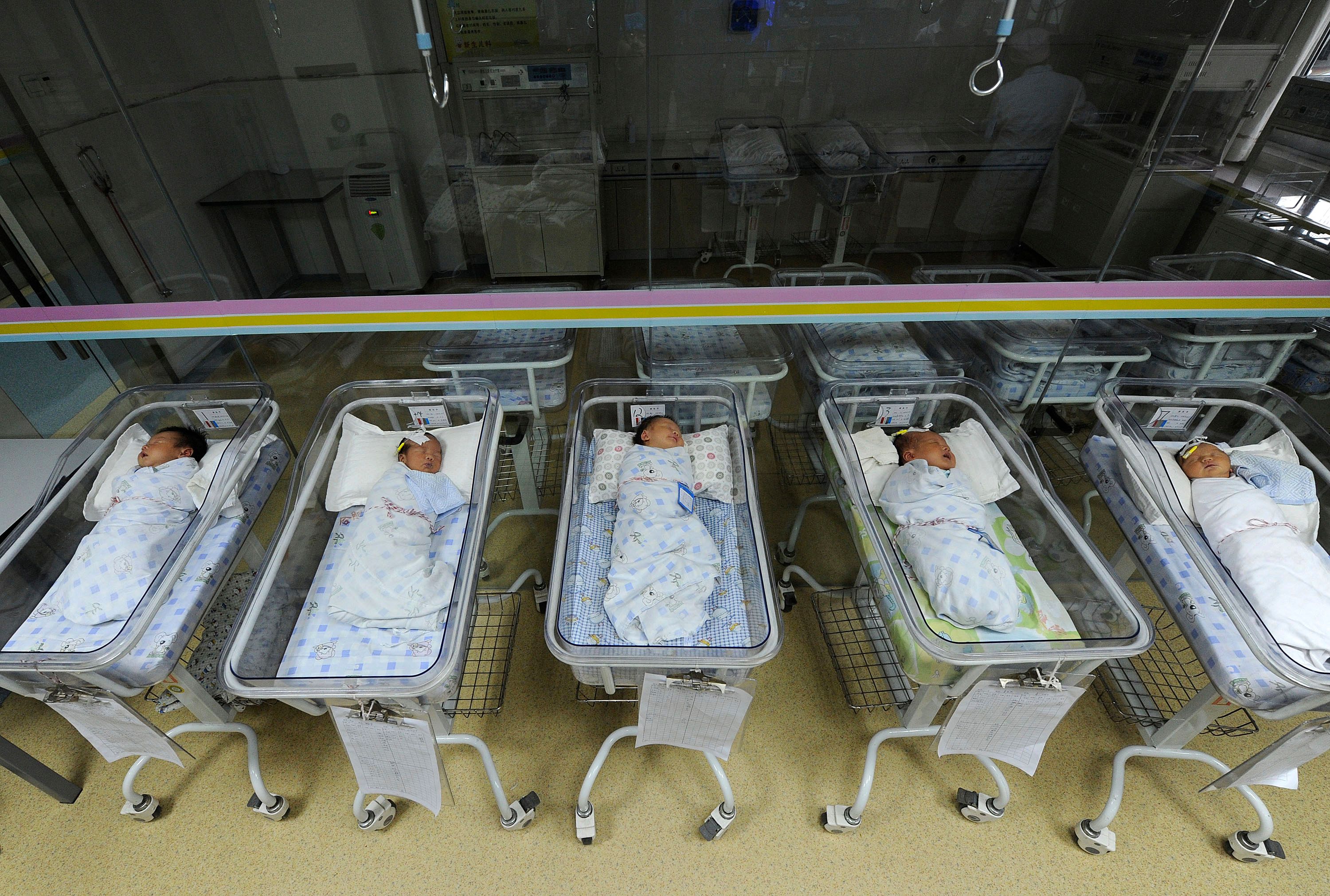Newborn babies sleep in a hospital room