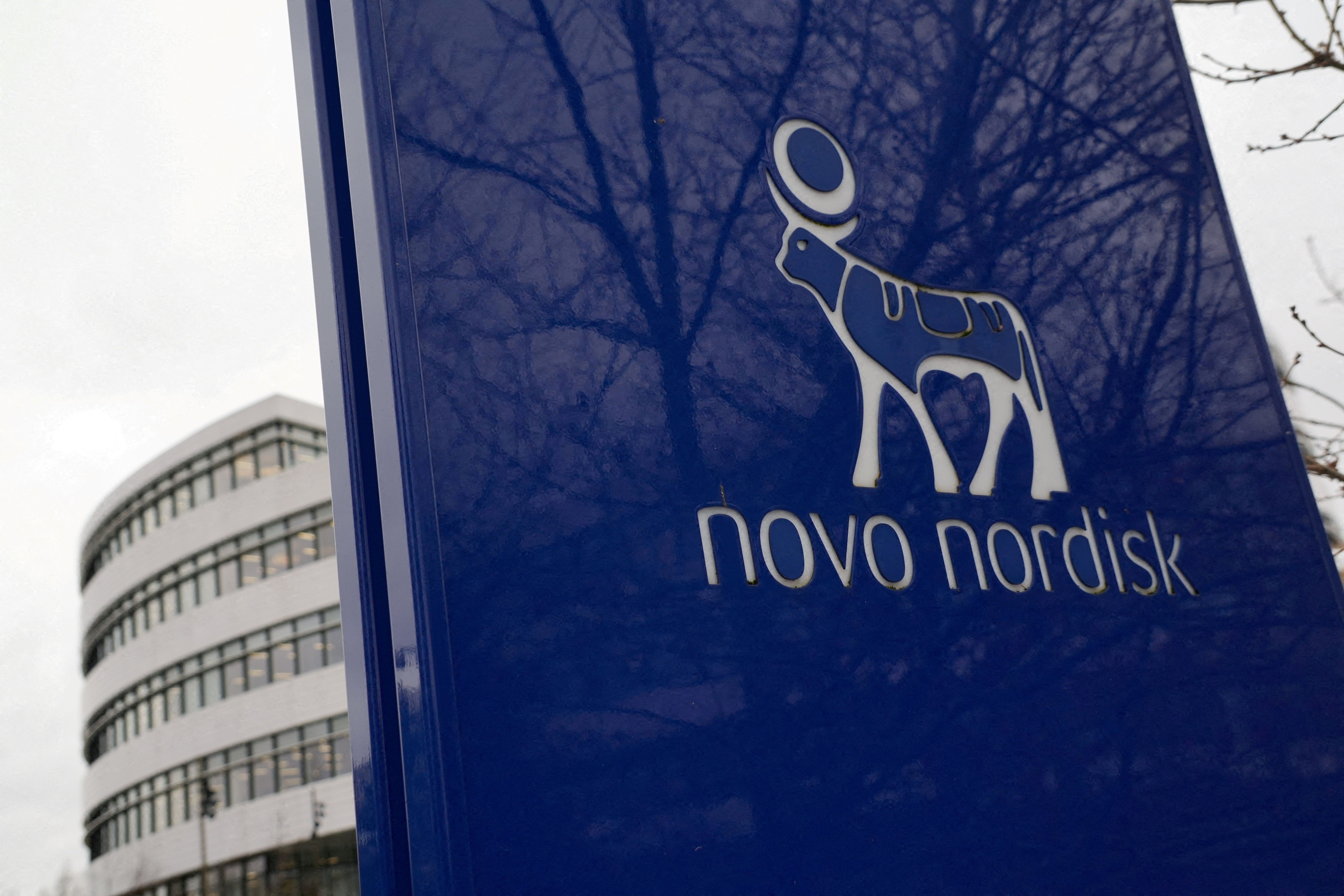 The logo of pharmaceutical company Novo Nordisk is displayed in front of its offices in Bagsvaerd, Copenhagen, Denmark, February 4, 2026.