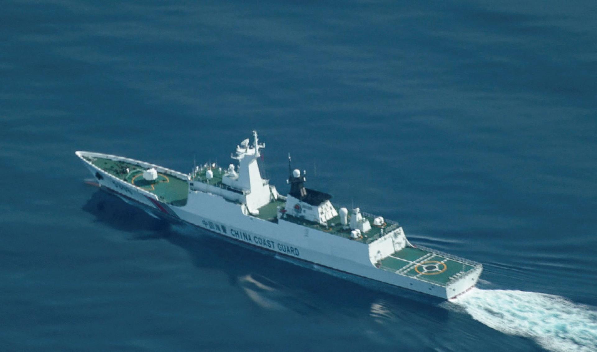  An aerial view of a China Coast Guard ship navigating near the disputed Scarborough Shoal