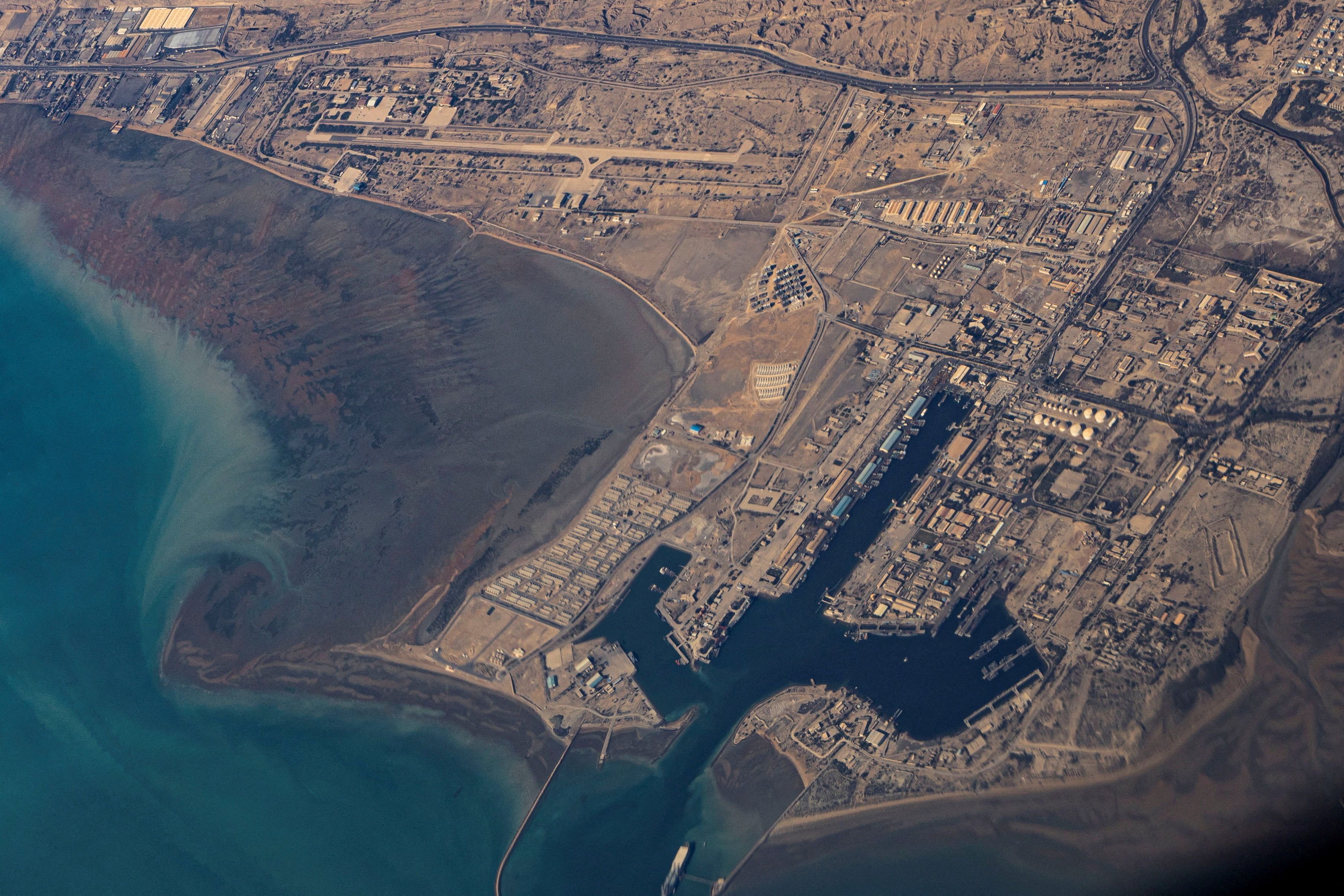 An aerial view of the Iranian shores and Port of Bandar Abbas in the strait of Hormuz.